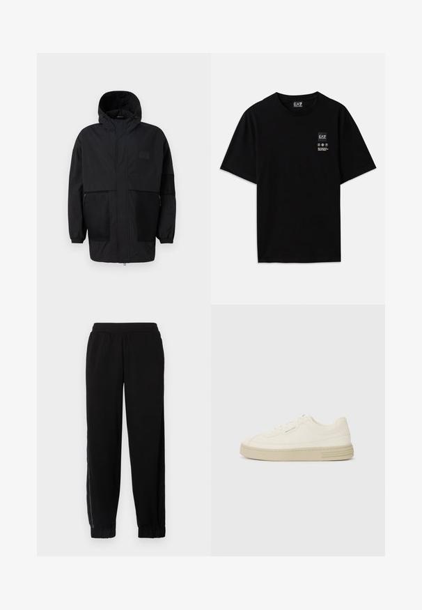 Svart hettejakke laget av lettvektig stoff, med mesh-paneler, en front glidelås og elastiske mansjetter for justerbar passform.; Svart bomulls t-skjorte med kort erm, rund hals og et lite logo-merke foran med pleiesymboler i hvitt.; Svarte joggebukser laget av myk tekstil, med elastisk midje, ribbede hem og sidelengs mesh-paneler for ekstra ventilasjon.; Hvite lerrets sneakers med en teksturert gummisåle, med en sydd tåhette og logo aksent på hælen. Enkel snøring.