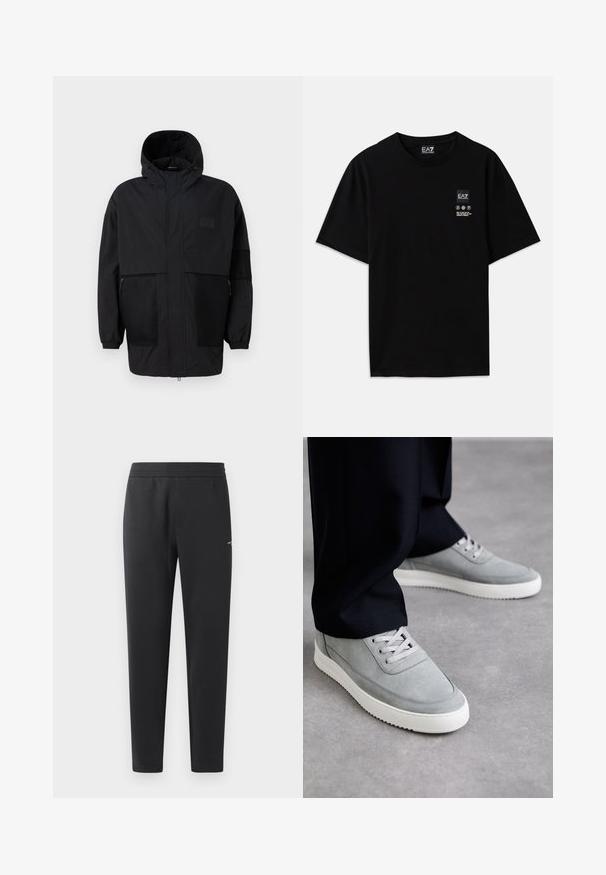 Musthave musta kapuutsiga jakk, mis on valmistatud kergest kangast, koos võrgupaneelide, ees oleva tõmbluku ja elastsete mansettidega kohandatava sobivuse jaoks.; Must must-habetic T-särk mustadest puuvilladest lühikeste varrukatega, ümar kaelus ja väike logo silt ees, mis sisaldab hooldusmärke valgena.; Mustad jogger pants pehmest kangast, millel on elastne vöökoht, sirged sääred ja üks väike logodetail küljel.; Halleri siidist tennisetossud valgete kummitaldadega, millel on nööridega disain, ümar varvas ja peened õmblusdetailid, kantud mustade pükstega.