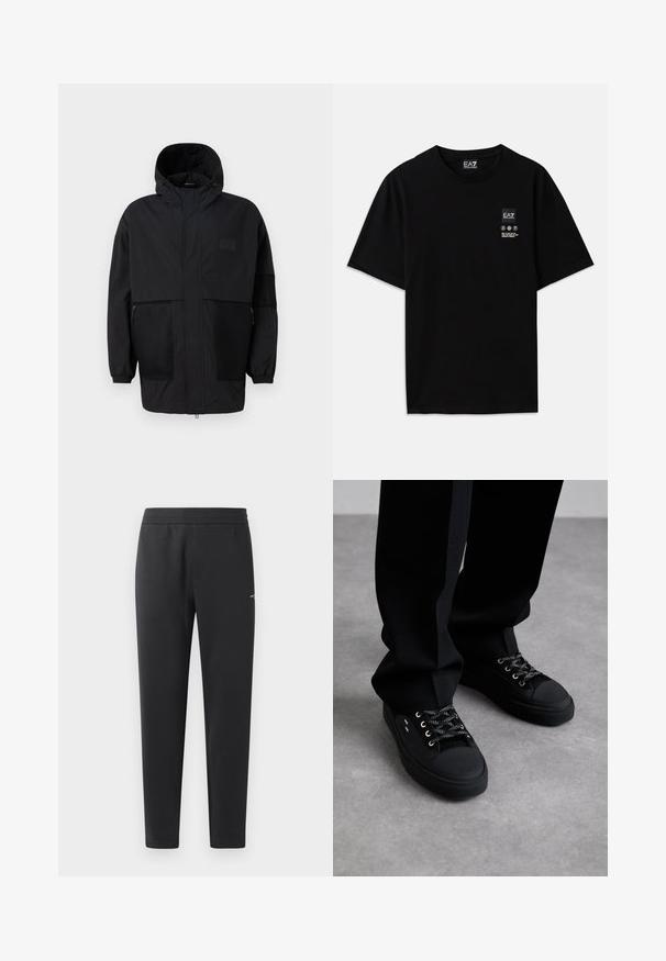 Svart hettejakke laget av lettvektig stoff, med mesh-paneler, en front glidelås og elastiske mansjetter for justerbar passform.; Svart bomulls t-skjorte med kort erm, rund hals og et lite logo-merke foran med pleiesymboler i hvitt.; Sorte joggebukser laget av myk stoff, med elastisk midjebånd, rette ben og en liten logo detalj på siden.; Svarte joggesko har en mesh-overdel med gummitær, metalløyer og kontrastsnorer. Kombinert med svarte bukser på en grå overflate.
