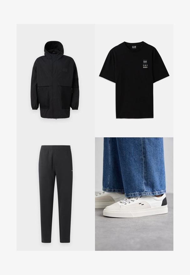 Čierna kapucňová bunda vyrobená z ľahkého materiálu, s priehľadnými panelmi, predným zipsom a elastickými manžetami pre nastaviteľné prispôsobenie.; Čierne bavlnené tričko s krátkymi rukávmi, okrúhlym výstrihom a malou logom na prednej strane, ktorá obsahuje symboly starostlivosti v bielej farbe.; Čierne joggingové nohavice z mäkkej tkaniny, s elastickým pásom, rovnými nohavicami a malým logom na boku.; Biele a čierne tenisky s hladkým koženým zvrškom, štruktúrovanými akcentmi a masívnou bielou podrážkou. Obsahujú klasický dizajn so šnurovaním.