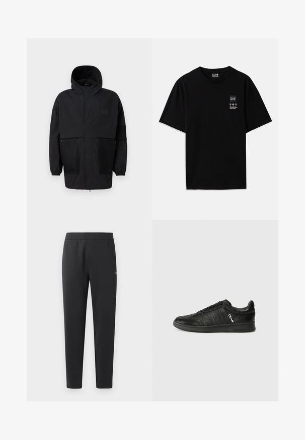 Fekete kapucnis dzseki, könnyű anyagból készült, hálós panelek, elülső cipzár és állítható illeszkedést biztosító rugalmas mandzsetták jellemzik.; Fekete pamut póló rövid ujjal, kerek nyakkivágással, az elején egy kis logócímkével, amely fehér színű ápolási szimbólumokat tartalmaz.; Fekete sportnadrág puha anyagból, rugalmas derékpánttal, egyenes szárakkal és egy kis logó részlettel az oldalán.; Fekete sneaker, amely struktúrált bőrből készült, lapos talppal, fűzős elejével és oldalsó csíkokkal, amelyeken fehér "DEAN" logó található.