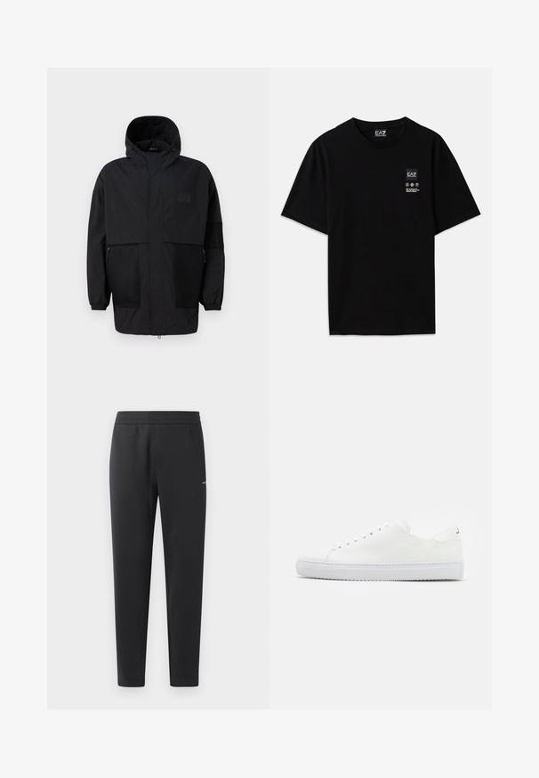 Svart hettejakke laget av lettvektig stoff, med mesh-paneler, en front glidelås og elastiske mansjetter for justerbar passform.; Svart bomulls t-skjorte med kort erm, rund hals og et lite logo-merke foran med pleiesymboler i hvitt.; Sorte joggebukser laget av myk stoff, med elastisk midjebånd, rette ben og en liten logo detalj på siden.; J.LINDEBERG Joggesko - white