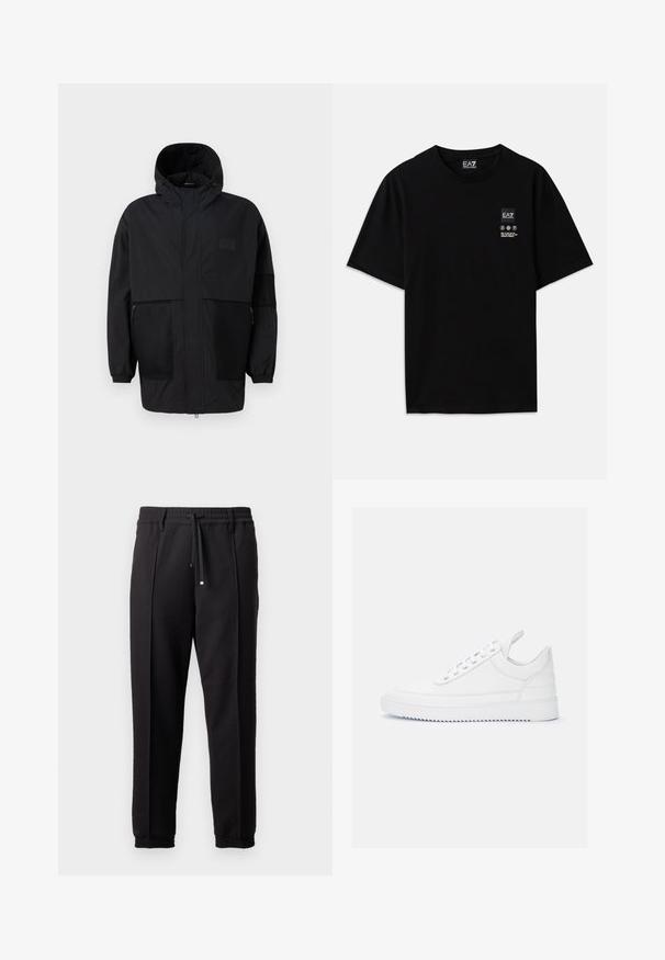 Black hooded jacket made from lightweight fabric, featuring mesh panels, a front zipper, and elastic cuffs for adjustable fit.; Black cotton t-shirt with short sleeves, a crew neck, and a small logo tag on the front featuring care symbols in white.; Black trousers with a waistband, drawstring, and elastic cuffs. Features pleats and a smooth, textured fabric.; White leather sneakers with a smooth texture, rounded toe, and flat sole. Features silver eyelets and a minimalistic design.