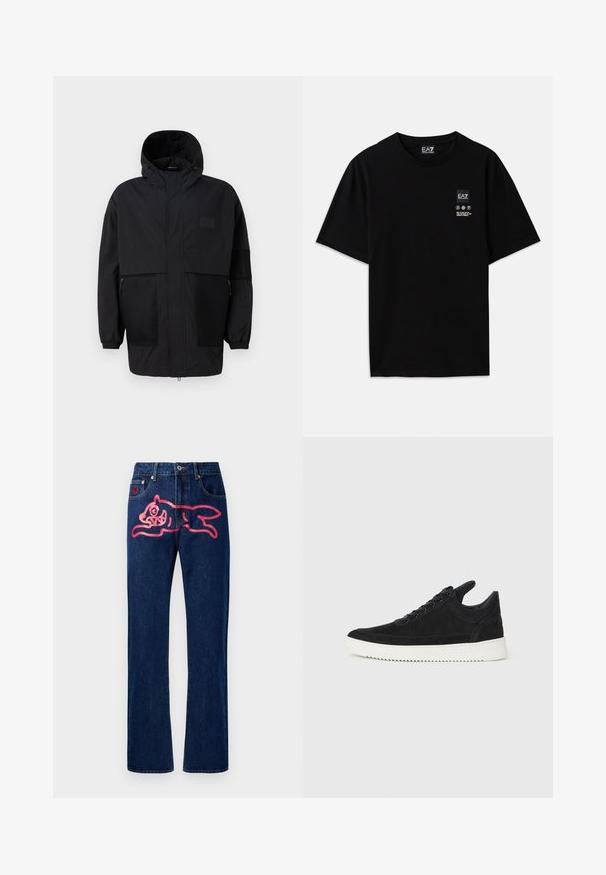 Melnā kapučjaka, kas izgatavota no viegla auduma, ar acs paneļiem, priekšējo rāvējslēdzēju un elastīgām aprocēm, kas nodrošina regulējamu piegulšanu.; Melnas kokvilnas T-krekls ar īsām piedurknēm, apaļo kakla izgriezumu un nelielu logotipa birku priekšpusē ar baltiem apzīmējumiem par kopšanu.; Džinsi ar taisnu piegriezumu. Tumši zila krāsa, ar lielu rozā kaķa dizainu aizmugurējā kabatā. Klasisks metāla pogas un kniedes.; Melna zamša apavi ar baltu gumijas zoli, ar tonālu izšuvumu un auklu dizainu. Gluda tekstūra ar mūsdienīgu, plūstošu formu.