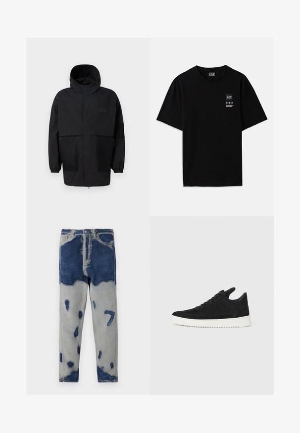 Black hooded jacket made from lightweight fabric, featuring mesh panels, a front zipper, and elastic cuffs for adjustable fit.; Black cotton t-shirt with short sleeves, a crew neck, and a small logo tag on the front featuring care symbols in white.; Denim jeans with a patchwork design in dark blue and grey, featuring distressed areas and fading. Includes traditional five-pocket styling.; Black suede sneaker with a white rubber sole, featuring tonal stitching and lace-up design. Smooth texture with a modern, streamlined shape.