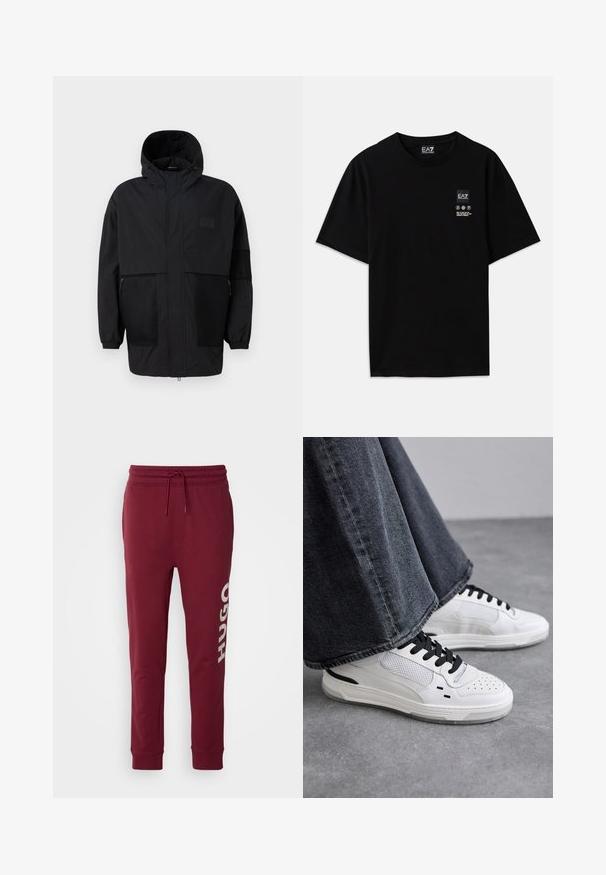 Chaqueta negra con capucha hecha de un tejido ligero, con paneles de malla, cremallera frontal y puños elásticos para un ajuste ajustable.; Camiseta de algodón negra con mangas cortas, cuello redondo y una pequeña etiqueta con el logo en el frente que presenta símbolos de cuidado en blanco.; HUGO DUTSCHI - Pantalones deportivos - dark pink; Zapatillas blancas con cordones negros y detalles de malla. Presenta un upper de cuero liso y una suela de goma texturizada. Combinadas con unos vaqueros de pierna ancha en gris.