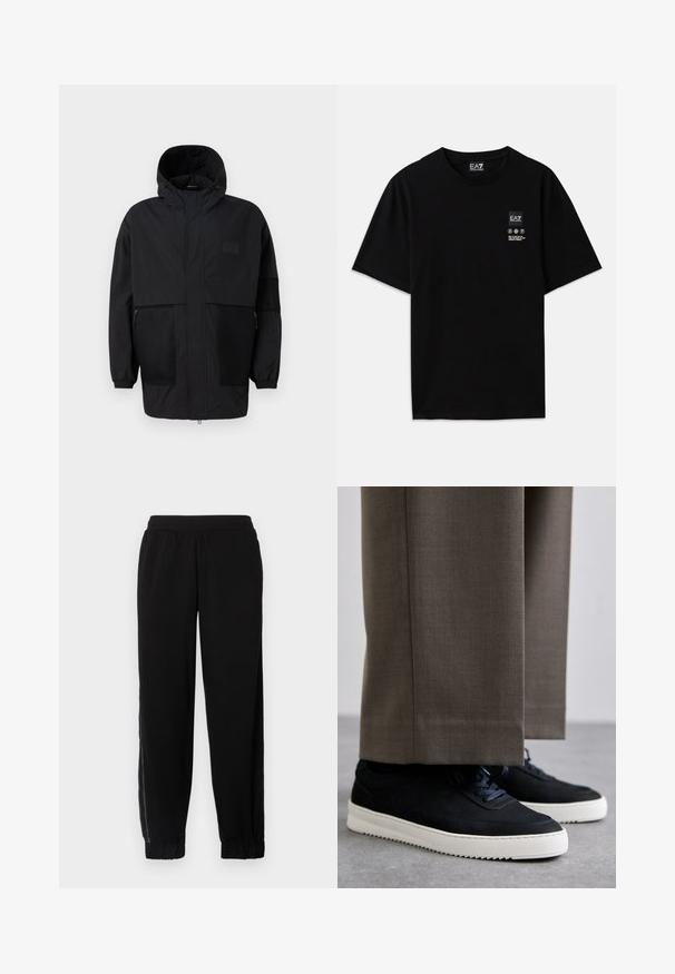 Melnā kapučjaka, kas izgatavota no viegla auduma, ar acs paneļiem, priekšējo rāvējslēdzēju un elastīgām aprocēm, kas nodrošina regulējamu piegulšanu.; Melnas kokvilnas T-krekls ar īsām piedurknēm, apaļo kakla izgriezumu un nelielu logotipa birku priekšpusē ar baltiem apzīmējumiem par kopšanu.; Melni sporta bikses, izgatavotas no mīkstas auduma, ar elastīgu jostasvietu, ar piedurkņu malām un sānu sietu paneļiem papildu ventilācijai.; Melni zamšaini sporta apavi ar baltām gumijas zolēm, ar noapaļotu purngalu un auklām, valkāti ar pelēkiem piegrieztiem biksēm.