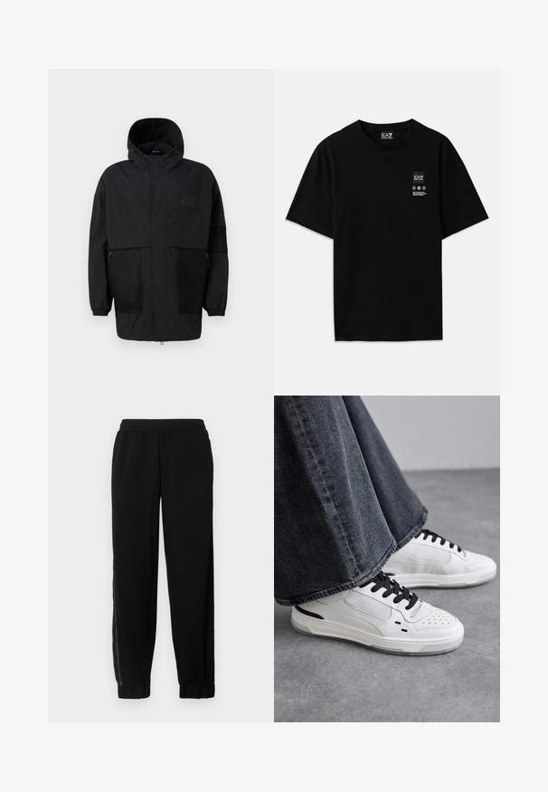 Juodas gobtuvu džemperis, pagamintas iš lengvo audinio, turi tinklinės juosteles, priekinį užtrauktuką ir elastingus rankogalius, leidžiančius pritaikyti dydį.; Juoda medvilnė t-shirt su trumpomis rankovėmis, apvalia iškirpte ir maža logotipo etiketė priekyje su baltomis priežiūros simbolių pictogramomis.; Juodos jogger tipo kelnės, pagamintos iš minkštos medžiagos, su elastinga juosmens juosta, pūkuotais užbaigimais ir šoninėmis tinklinėmis panelėmis papildomam ventiliavimui.; Balsuoti baltieji sportbačiai su juodomis raištelėmis ir tinklo detalėmis. Turintys lygią odinę viršutinę dalį ir tekstūruotą gumos padą. Su plačiais pilkais džinsais.
