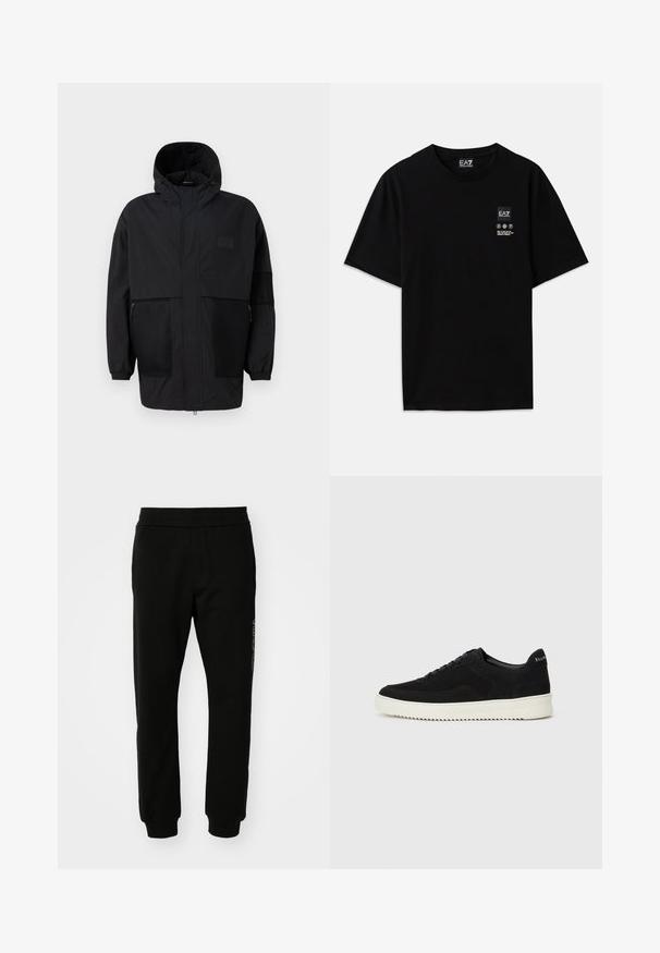 Black hooded jacket made from lightweight fabric, featuring mesh panels, a front zipper, and elastic cuffs for adjustable fit.; Black cotton t-shirt with short sleeves, a crew neck, and a small logo tag on the front featuring care symbols in white.; Black sweatpants made of soft fabric, featuring a tapered design, elastic waistband, and cuffed ankles. Includes a side logo detail.; Black suede sneaker with lace-up design and contrasting white rubber sole. Features textured side panels and subtle branding on the heel.