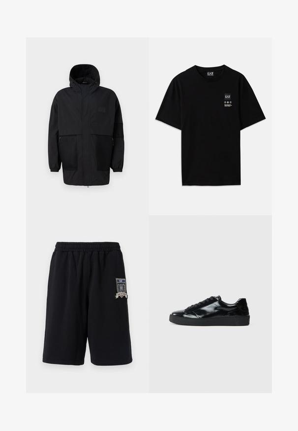 Svart hettejakke laget av lettvektig stoff, med mesh-paneler, en front glidelås og elastiske mansjetter for justerbar passform.; Svart bomulls t-skjorte med kort erm, rund hals og et lite logo-merke foran med pleiesymboler i hvitt.; Svarte bomullsshorts med elastisk midje, sidelommer og et dekorativt merke med "Kjærlighet & Rettferdighet" på venstre ben.; Sorte lakksko med avrundet tå, snøringer, teksturert gummisåle og glanset overflate.