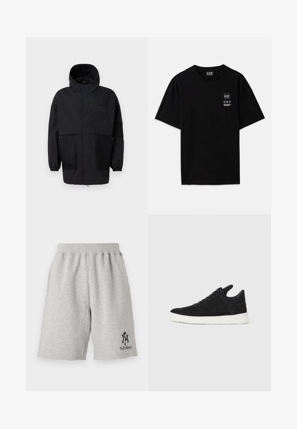 Schwarze Kapuzenjacke aus leichtem Stoff, mit Netzpaneelen, einem Frontreißverschluss und elastischen Bündchen für eine verstellbare Passform.; Schwarzes Baumwoll-T-Shirt mit kurzen Ärmeln, Rundhalsausschnitt und einem kleinen Logo-Tag auf der Vorderseite, das Pflegezeichen in Weiß zeigt.; Graue Baumwollshorts mit einem elastischen Bund, ausgestattet mit einem schwarzen Logo auf der unteren linken Seite, das "No Problemo" liest, und rohen Kanten.; Schwarze Wildleder-Sneaker mit einer weißen Gummisohle, die sich durch elegante Nähte und ein schnürbares Design auszeichnen. Glatte Textur mit einer modernen, stromlinienförmigen Form.