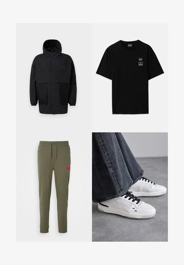 Musthave musta kapuutsiga jakk, mis on valmistatud kergest kangast, koos võrgupaneelide, ees oleva tõmbluku ja elastsete mansettidega kohandatava sobivuse jaoks.; Must must-habetic T-särk mustadest puuvilladest lühikeste varrukatega, ümar kaelus ja väike logo silt ees, mis sisaldab hooldusmärke valgena.; HUGO DOAK - Dresside alumine osa - dark beige; Valged sneakerid mustade paelte ja võrgukaunistustega. Omavad siledat nahast ülemist osa ja tekstureeritud kummist tallat. Kombineeritud laiade hallide teksadega.