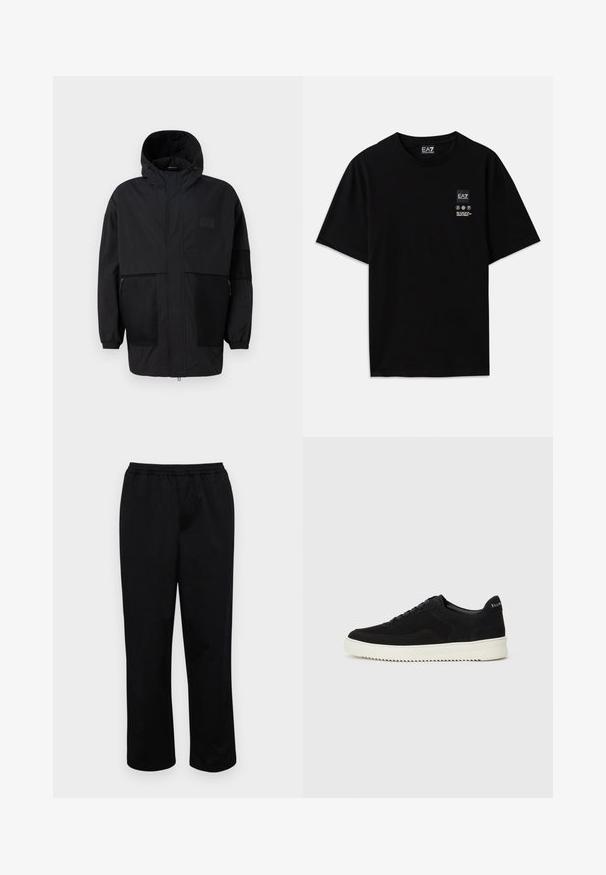 Giacca nera con cappuccio realizzata in tessuto leggero, con pannelli in rete, zip frontale e polsini elasticizzati per una vestibilità regolabile.; T-shirt nera in cotone con maniche corte, collo a giro e un piccolo etichetta con logo sul davanti che presenta simboli di cura bianchi.; Pantaloni neri di media lunghezza con una vita elastica. Realizzati in tessuto liscio, presentano una vestibilità comoda e nessuna tasca o decorazione visibile.; Sneaker in suede nero con design con lacci e suola in gomma bianca a contrasto. Presenta pannelli laterali testurizzati e un marchio discreto sul tallone.