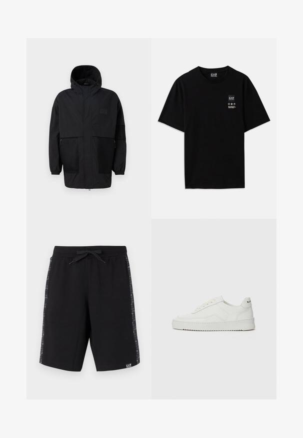 Černá kapucňová bunda vyrobená z lehké tkaniny, s síťovinovými panely, předním zipem a elastickými manžetami pro nastavitelné přizpůsobení.; Černé bavlněné tričko s krátkými rukávy, kulatým výstřihem a malou etiketu s logem na přední straně, která obsahuje bílé symboly péče.; Černé sportovní šortky vyrobené z měkké látky, s elastickým pasem na šňůrku a bočními panely s opakujícím se logo textem v tmavě šedé barvě.; Bílé kožené tenisky s hladkým povrchem, kulatou špičkou, plochými tkaničkami a texturovanou podrážkou. Na patě se nachází nenápadné logo.