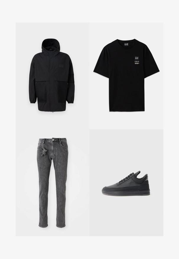 Crna kapuljača od laganog materijala, s mrežastim panelima, prednjim zatvaračem i elastičnim manžetama za prilagodljivu veličinu.; Crna pamučna majica s kratkim rukavima, okruglim izrezom i malom oznakom logotipa sprijeda koja sadrži simbole za njegu u bijeloj boji.; Crne traperice uskog kroja, s prednjim gumbom, pet džepova i malim privjeskom za ključeve na lijevom džepu.; Crne kožne tenisice s teksturiranom površinom, s vezicama, niskog su kroja i sivoj gumenoj potplati koja ima rebrasti rub.
