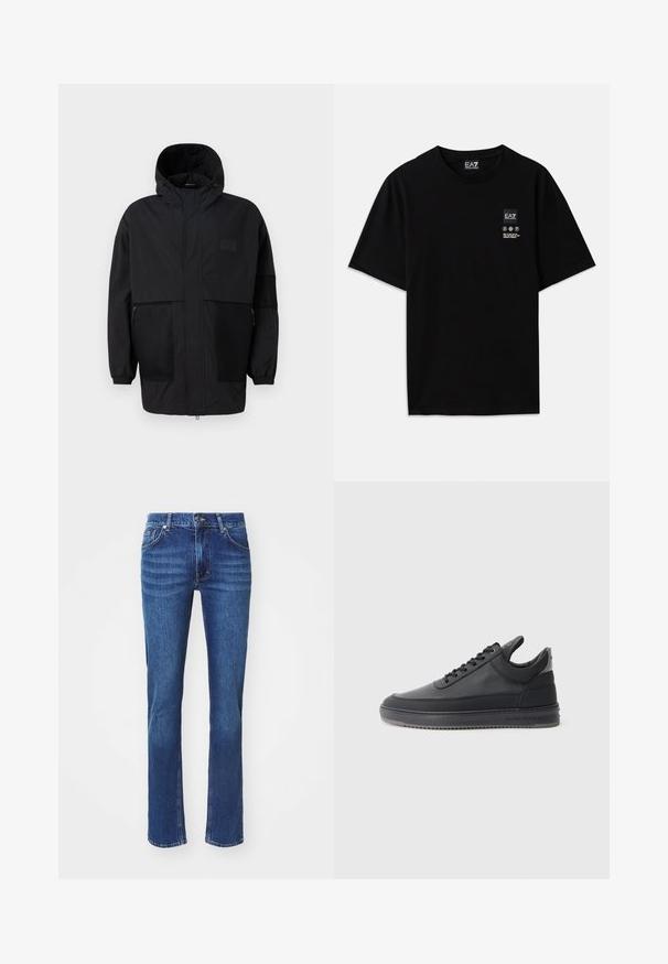 Juodas gobtuvu džemperis, pagamintas iš lengvo audinio, turi tinklinės juosteles, priekinį užtrauktuką ir elastingus rankogalius, leidžiančius pritaikyti dydį.; Juoda medvilnė t-shirt su trumpomis rankovėmis, apvalia iškirpte ir maža logotipo etiketė priekyje su baltomis priežiūros simbolių pictogramomis.; Tamsiai mėlynos džinsinės kelnės su tiesiomis kojomis, su subtiliais blukimo akcentais, penkiomis kišenėmis ir mygtuko uždarymu. Neutralios spalvos siuvinėjimai.; Juodos odinės sportbačiai su tekstūruotu paviršiumi, su raišteliais, žemu kraštu ir pilku guminio pado kraštu su grioveliais.