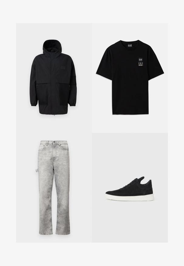 Crna kapuljača od laganog materijala, s mrežastim panelima, prednjim zatvaračem i elastičnim manžetama za prilagodljivu veličinu.; Crna pamučna majica s kratkim rukavima, okruglim izrezom i malom oznakom logotipa sprijeda koja sadrži simbole za njegu u bijeloj boji.; Iceberg PANTALONE - Traperice opuštenog kroja - degradabile grigio; Crne nubuk tenisice s bijelim gumenim potplatom, s toniranim šavovima i dizajnom vezanja. Glatka tekstura s modernim, strujnim oblikom.