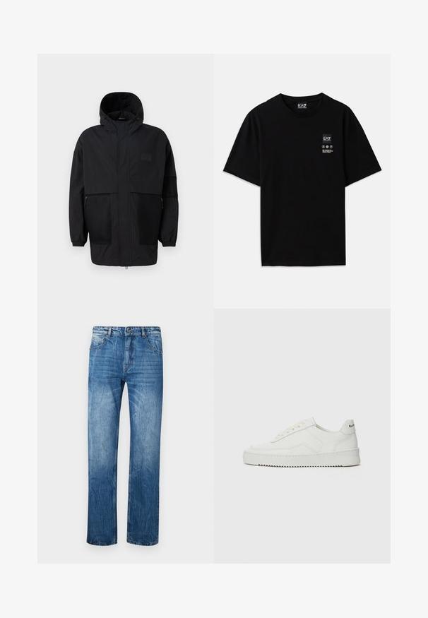 Jachetă neagră cu glugă, realizată dintr-un material ușor, având panouri din plasă, fermoar frontal și manșete elastice pentru o ajustare confortabilă.; Tricou negru din bumbac, cu mâneci scurte, guler rotund și un mic eticheta cu logo pe față, având simboluri de îngrijire în alb.; Jeanși din denim albastru cu croială dreaptă, având cinci buzunare, bucle pentru curea și o ușoară decolorare pe întreaga țesătură.; Sneakers din piele albă cu un finisaj neted, vârf rotund, șireturi plate și o talpă texturată. Prezintă un logo subtil pe călcâi.