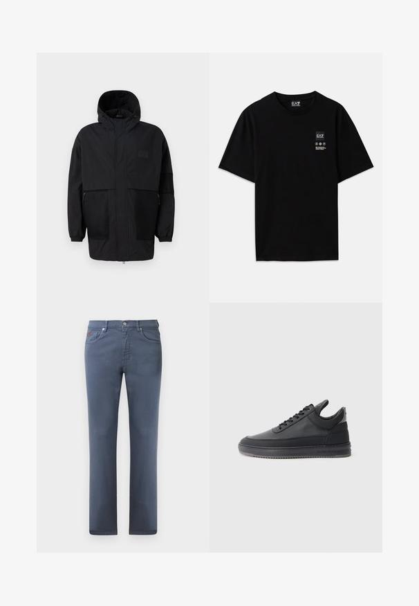 Melnā kapučjaka, kas izgatavota no viegla auduma, ar acs paneļiem, priekšējo rāvējslēdzēju un elastīgām aprocēm, kas nodrošina regulējamu piegulšanu.; Melnas kokvilnas T-krekls ar īsām piedurknēm, apaļo kakla izgriezumu un nelielu logotipa birku priekšpusē ar baltiem apzīmējumiem par kopšanu.; Pelēki denima džinsi ar taisnu griezumu, piecām kabatām un metāla pogas aizdari. Iezīmējas ar smalku šuvumu un mazu logotipa detaļu.; Melnas ādas sporta kurpes ar teksturētu virsmu, ar saistēm, zema augstuma un pelēku gumijas zoli ar rievojumu malu.