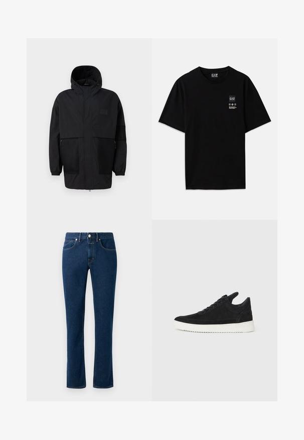 Black hooded jacket made from lightweight fabric, featuring mesh panels, a front zipper, and elastic cuffs for adjustable fit.; Black cotton t-shirt with short sleeves, a crew neck, and a small logo tag on the front featuring care symbols in white.; Dark blue denim jeans with a slim straight-leg design, classic five-pocket styling, and a button closure at the waistband.; Black suede sneaker with a white rubber sole, featuring tonal stitching and lace-up design. Smooth texture with a modern, streamlined shape.