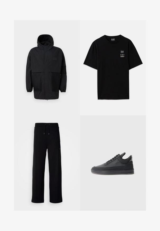 Chaqueta negra con capucha hecha de un tejido ligero, con paneles de malla, cremallera frontal y puños elásticos para un ajuste ajustable.; Camiseta de algodón negra con mangas cortas, cuello redondo y una pequeña etiqueta con el logo en el frente que presenta símbolos de cuidado en blanco.; Pantalones de chándal negros hechos de un tejido suave, con un diseño de pierna ancha, cinturilla elástica con cordón y bolsillos laterales. Detalle de marca minimalista.; Zapatillas de cuero negro con una superficie texturizada, diseño de cordones, parte superior baja y una suela de goma gris con un borde estriado.