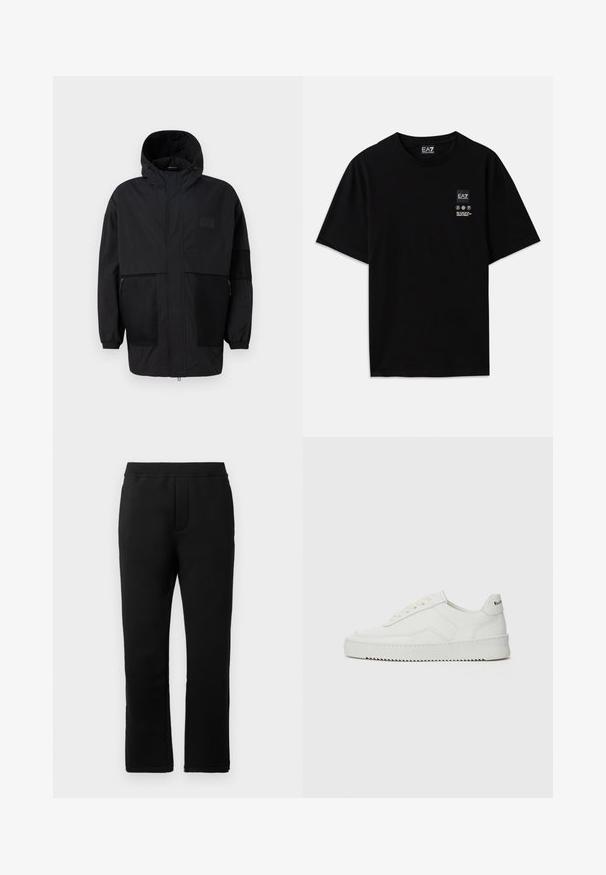 Čierna kapucňová bunda vyrobená z ľahkého materiálu, s priehľadnými panelmi, predným zipsom a elastickými manžetami pre nastaviteľné prispôsobenie.; Čierne bavlnené tričko s krátkymi rukávmi, okrúhlym výstrihom a malou logom na prednej strane, ktorá obsahuje symboly starostlivosti v bielej farbe.; Čierne tepláky s hladkým povrchom, elastickým pásom a dvoma bočnými vreckami. Priamy strih s čistým dokončením.; Biele kožené tenisky s hladkým povrchom, okrúly špičkový dizajn, ploché šnúrky a textúrovaná podrážka. Obsahujú jemné logo na päte.