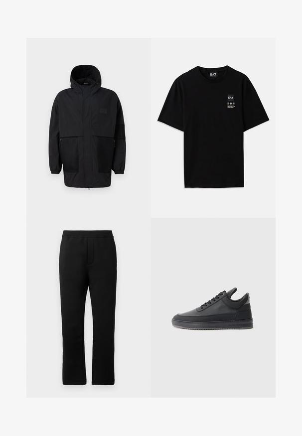 Juodas gobtuvu džemperis, pagamintas iš lengvo audinio, turi tinklinės juosteles, priekinį užtrauktuką ir elastingus rankogalius, leidžiančius pritaikyti dydį.; Juoda medvilnė t-shirt su trumpomis rankovėmis, apvalia iškirpte ir maža logotipo etiketė priekyje su baltomis priežiūros simbolių pictogramomis.; Juodos sportinės kelnės su lygia tekstūra, elastinga juosmens juosta ir dviem šoninėmis kišenėmis. Tiesios kojų dizainas su švariu apdorojimu.; Juodos odinės sportbačiai su tekstūruotu paviršiumi, su raišteliais, žemu kraštu ir pilku guminio pado kraštu su grioveliais.