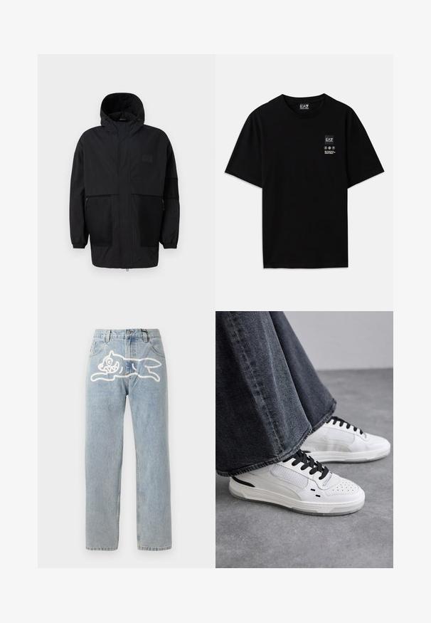 Černá kapucňová bunda vyrobená z lehké tkaniny, s síťovinovými panely, předním zipem a elastickými manžetami pro nastavitelné přizpůsobení.; Černé bavlněné tričko s krátkými rukávy, kulatým výstřihem a malou etiketu s logem na přední straně, která obsahuje bílé symboly péče.; Světle modré džíny z denimu se střihovou rovnou siluetou, s velkým bílým grafickým motivem kočky na zadní straně. Klasický design se pěti kapsami.; Bílé tenisky s černými tkaničkami a síťovinou. Mají hladký kožený svršek a texturovanou gumovou podrážku. Doplňují je široké šedé džíny.
