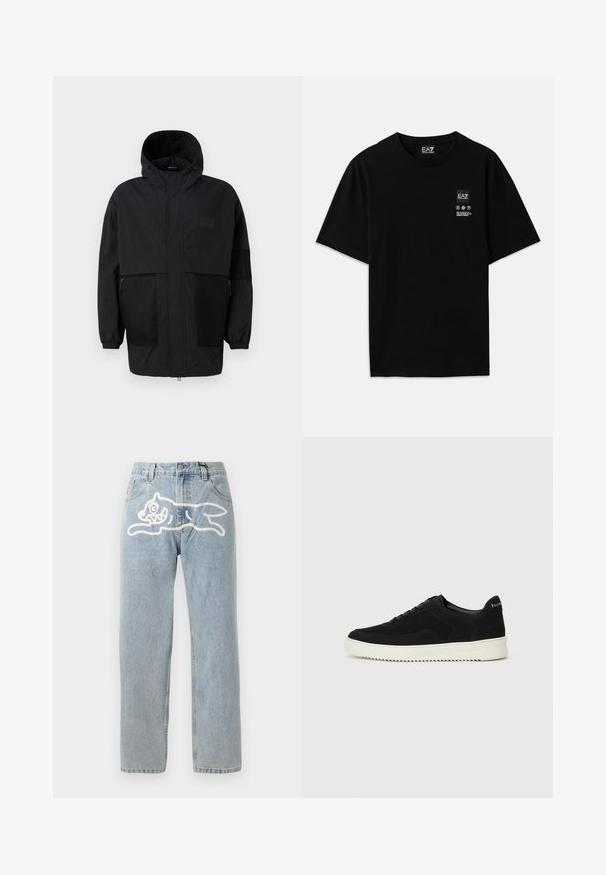 Svart hettejakke laget av lettvektig stoff, med mesh-paneler, en front glidelås og elastiske mansjetter for justerbar passform.; Svart bomulls t-skjorte med kort erm, rund hals og et lite logo-merke foran med pleiesymboler i hvitt.; Lys blå denim jeans med rett snitt, med et stort hvitt grafisk bilde av en katt på baksiden. Klassisk fem-lomme-design.; Svart semsket sneakers med snøring og kontrasterende hvit gummisåle. Har teksturerte sidepaneler og subtil merkevare på hælen.
