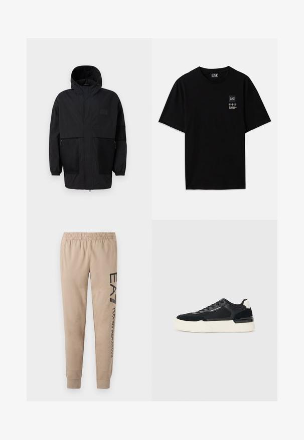 Svart hettejakke laget av lettvektig stoff, med mesh-paneler, en front glidelås og elastiske mansjetter for justerbar passform.; Svart bomulls t-skjorte med kort erm, rund hals og et lite logo-merke foran med pleiesymboler i hvitt.; Beige joggebukser med elastisk midje, innsnørte benåpninger, og svart trykt merkevare på venstre lår og nederste del av benet.; Svart sneaker laget av mesh og lær, med en tykk hvit såle og kontrasterende detaljer. Lissene og logoen er detaljer på siden.