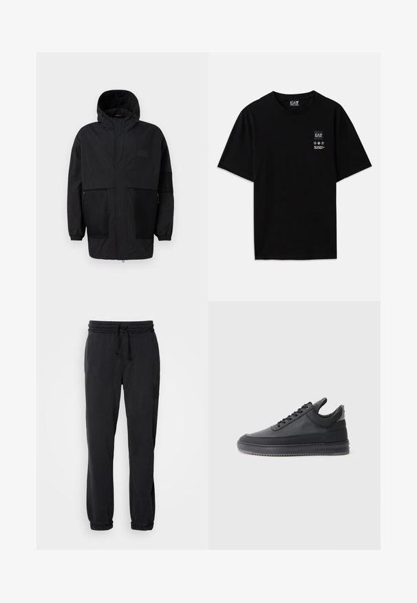 Black hooded jacket made from lightweight fabric, featuring mesh panels, a front zipper, and elastic cuffs for adjustable fit.; Black cotton t-shirt with short sleeves, a crew neck, and a small logo tag on the front featuring care symbols in white.; Black sweatpants with an elastic waistband and drawstring. Gathered hems and a subtle embroidered logo on the left leg. Soft fabric texture.; Black leather sneakers with a textured surface, lace-up design, a low top, and a grey rubber sole featuring a ridged edge.