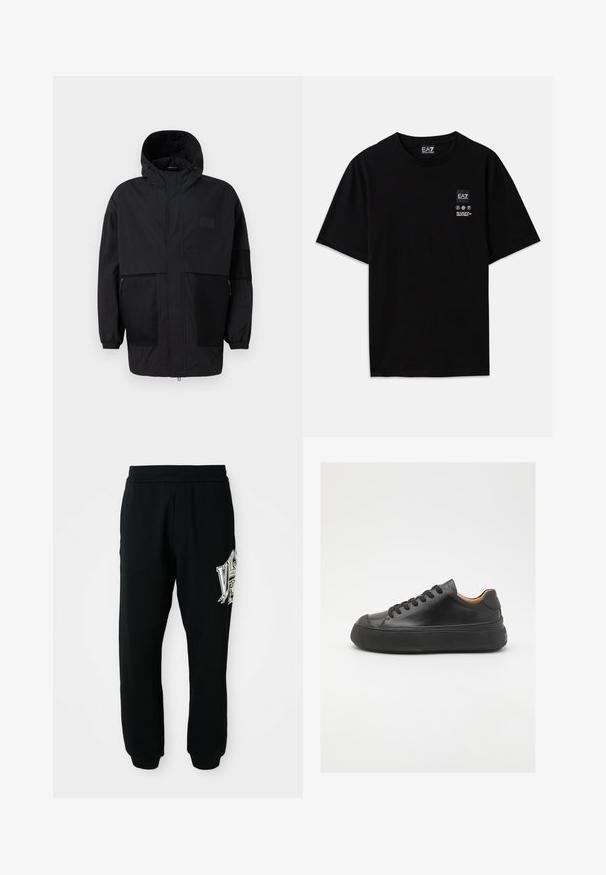 Černá kapucňová bunda vyrobená z lehké tkaniny, s síťovinovými panely, předním zipem a elastickými manžetami pro nastavitelné přizpůsobení.; Černé bavlněné tričko s krátkými rukávy, kulatým výstřihem a malou etiketu s logem na přední straně, která obsahuje bílé symboly péče.; Černé tepláky vyrobené z měkké látky, se žebrovaným pasem a manžetami. Obsahují grafický potisk v bílé a šedé barvě na levé noze.; Černé kožené tenisky s kulatou špičkou, šněrováním v přední části, hladkým povrchem, silnou gumovou podrážkou a kontrastním tan interiérem.