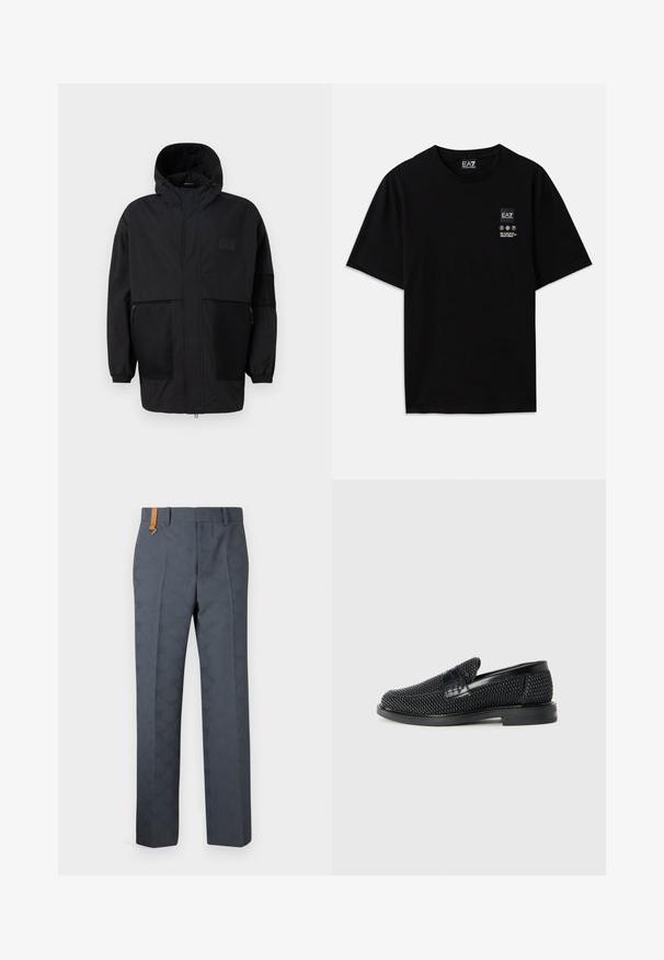 Czarna kurtka z kapturem, wykonana z lekkiego materiału, z siateczkowymi panelami, z zamek błyskawicznym z przodu oraz elastycznymi mankietami dla regulowanego dopasowania.; Czarna bawełniana koszulka z krótkim rękawem, okrągłym dekoltem i małą metką z logo z przodu z białymi symbolami pielęgnacyjnymi.; Szare spodnie w wzorek o gładkiej fakturze, z płaskim przodem i brązowym skórzanym akcentem na pasku. Dopasowany krój z prostymi nogawkami.; Czarny, pleciony but wsuwany z gładkim skórzanym akcentem na cholewce, o okrągłym nosku i niskoprofilowej gumowej podeszwie.