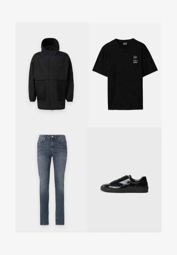 Svart hettejakke laget av lettvektig stoff, med mesh-paneler, en front glidelås og elastiske mansjetter for justerbar passform.; Svart bomulls t-skjorte med kort erm, rund hals og et lite logo-merke foran med pleiesymboler i hvitt.; Slim-fit mørkeblå denimjeans med en falmet finish, frontlommer og tradisjonell knappelukking. Glatt tekstur og rette ben.; Sorte lakksko med avrundet tå, snøringer, teksturert gummisåle og glanset overflate.