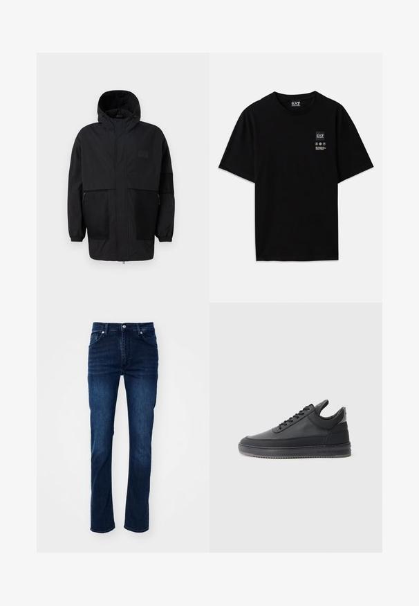 Musthave musta kapuutsiga jakk, mis on valmistatud kergest kangast, koos võrgupaneelide, ees oleva tõmbluku ja elastsete mansettidega kohandatava sobivuse jaoks.; Must must-habetic T-särk mustadest puuvilladest lühikeste varrukatega, ümar kaelus ja väike logo silt ees, mis sisaldab hooldusmärke valgena.; Tumedad sinised teksapüksid sirge lõikega, klassikalise viie tasku kujundusega ja peente õmblustega.; Mustad nahkkingad tekstuurse pinnaga, kinnitatavad paeltega, madala varbaga ning hall kummitald, millel on sooneline äär.