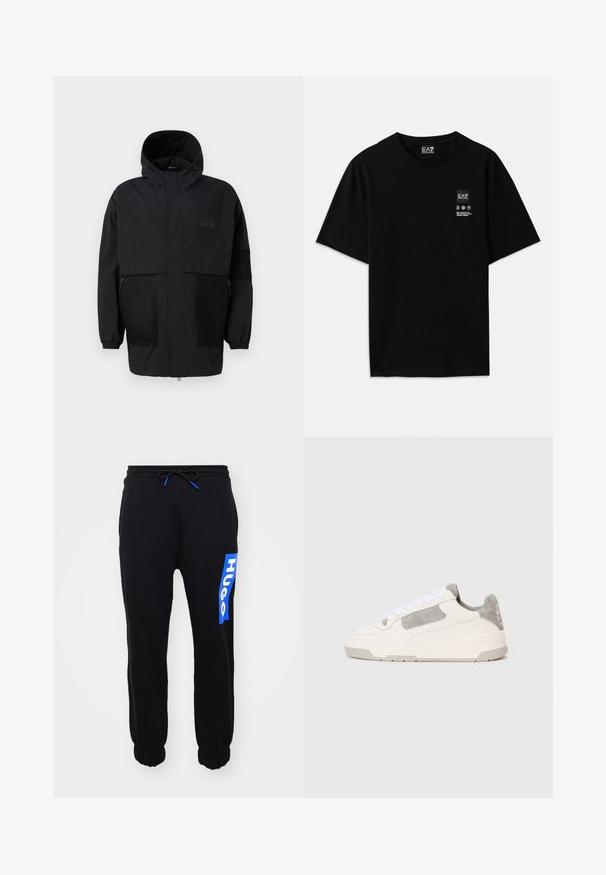 Crna kapuljača od laganog materijala, s mrežastim panelima, prednjim zatvaračem i elastičnim manžetama za prilagodljivu veličinu.; Crna pamučna majica s kratkim rukavima, okruglim izrezom i malom oznakom logotipa sprijeda koja sadrži simbole za njegu u bijeloj boji.; Crne trenirke s elastičnim ćoškovima i pojasom, s plavim "HUGO" logotipom na lijevoj strani. Izrađene od mekog, teksturiranog materijala.; Bijele i svijetložute niske tenisice sa bijelim vezicama i akcentima od sued kože, prikazane sa strane na jednostavnoj svijetloj pozadini.