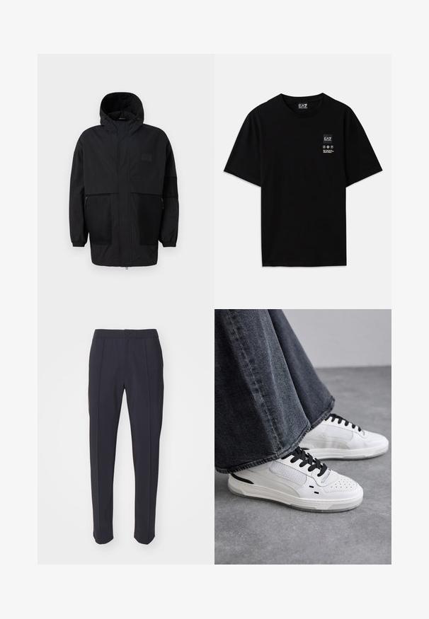 Schwarze Kapuzenjacke aus leichtem Stoff, mit Netzpaneelen, einem Frontreißverschluss und elastischen Bündchen für eine verstellbare Passform.; Schwarzes Baumwoll-T-Shirt mit kurzen Ärmeln, Rundhalsausschnitt und einem kleinen Logo-Tag auf der Vorderseite, das Pflegezeichen in Weiß zeigt.; Hosen in Marineblau mit maßgeschneidertem Design, flachem Frontbereich und zwei vorderen Falten. Hergestellt aus glattem Stoff mit normalem Bund und Knopfverschluss.; Weiße Sneakers mit schwarzen Schnürsenkeln und Netzdetails. Die Schuhe verfügen über ein glattes Lederobermaterial und eine strukturierte Gummisohle. Kombiniert mit weiten, grauen Jeans.