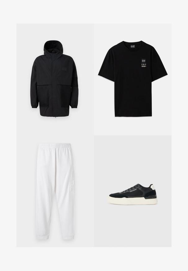Svart hettejakke laget av lettvektig stoff, med mesh-paneler, en front glidelås og elastiske mansjetter for justerbar passform.; Svart bomulls t-skjorte med kort erm, rund hals og et lite logo-merke foran med pleiesymboler i hvitt.; Hvite tapered joggebukser med elastisk liv og avsluttede ankler. Har et teksturert logodetalj på venstre lår. Mykt materiale.; Svart sneaker laget av mesh og lær, med en tykk hvit såle og kontrasterende detaljer. Lissene og logoen er detaljer på siden.