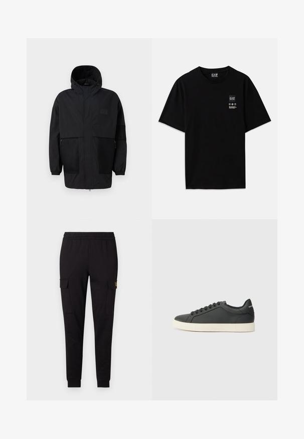 Musthave musta kapuutsiga jakk, mis on valmistatud kergest kangast, koos võrgupaneelide, ees oleva tõmbluku ja elastsete mansettidega kohandatava sobivuse jaoks.; Must must-habetic T-särk mustadest puuvilladest lühikeste varrukatega, ümar kaelus ja väike logo silt ees, mis sisaldab hooldusmärke valgena.; Mustad mustadest särk, mis on valmistatud pehmest kangast, kitsenevate jalgade kujundusega ja kahe külge nõgesepocketiga, millel on üksildane logo.; Mustmustest musta poolprofiiliga, ümmargune varvas ja paeltega sulgemine; omab tekstureeritud kummist tallat ja logo detaili kontsa peal.