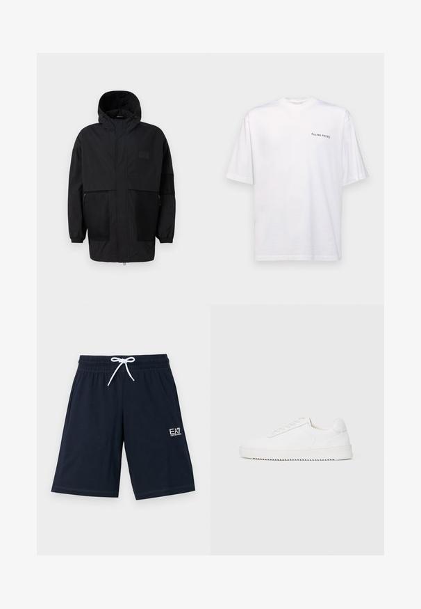 Juodas gobtuvu džemperis, pagamintas iš lengvo audinio, turi tinklinės juosteles, priekinį užtrauktuką ir elastingus rankogalius, leidžiančius pritaikyti dydį.; Baltas trumpas rankovės marškinėliai iš medvilnės su v-kaklu, su juodu "FILLING PIECES" logotipu, spausdintu kairėje pusėje.; Kariniai mėlyni šortai, pagaminti iš minkštos medžiagos, su elastinga juosmens juosta ir balta raišteliu. Yra mažas baltas logotipas kairėje apatinėje pusėje.; Balti sportbačiai su lygiu odiniu viršumi, apvaliu nosiu, raišteliais, tekstūruotomis šoninėmis detalėmis ir storu guminio pado. Minimalistinis dizainas.