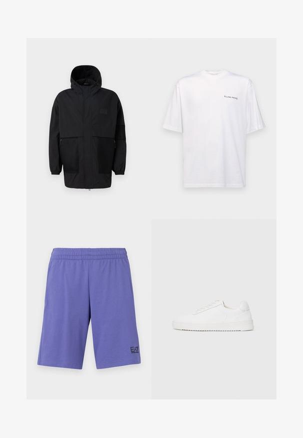 Juodas gobtuvu džemperis, pagamintas iš lengvo audinio, turi tinklinės juosteles, priekinį užtrauktuką ir elastingus rankogalius, leidžiančius pritaikyti dydį.; Baltas trumpas rankovės marškinėliai iš medvilnės su v-kaklu, su juodu "FILLING PIECES" logotipu, spausdintu kairėje pusėje.; Violetinės sportinės šortai, pagaminti iš minkštos medžiagos, su elastinga juosta ir juodu EA7 logotipu apatiniame kairiajame šlaunyje.; Balti sportbačiai su lygiu odiniu viršumi, apvaliu nosiu, raišteliais, tekstūruotomis šoninėmis detalėmis ir storu guminio pado. Minimalistinis dizainas.