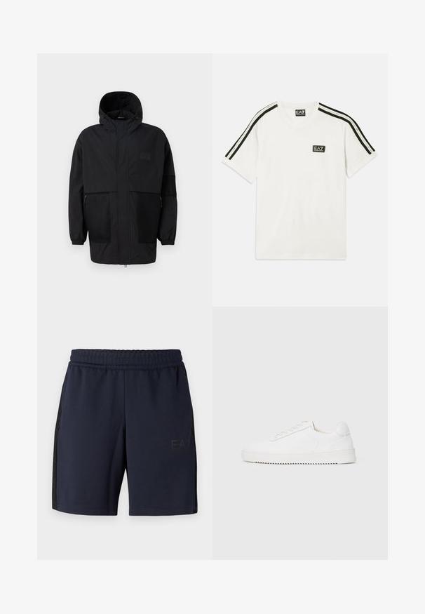Juodas gobtuvu džemperis, pagamintas iš lengvo audinio, turi tinklinės juosteles, priekinį užtrauktuką ir elastingus rankogalius, leidžiančius pritaikyti dydį.; Balta medvilninė marškinėliai su apvaliu kaklu, trumpomis rankovėmis, juodais akcentiniais dryžiais ant pečių ir mažuoju EA7 logotipu ant krūtinės.; Jūriniai sportiniai šortai, pagaminti iš kvėpuojančios medžiagos, su elastine juosta, turintys šonines tinklines dalis ir logotipą apatiniame priekyje.; Balti sportbačiai su lygiu odiniu viršumi, apvaliu nosiu, raišteliais, tekstūruotomis šoninėmis detalėmis ir storu guminio pado. Minimalistinis dizainas.