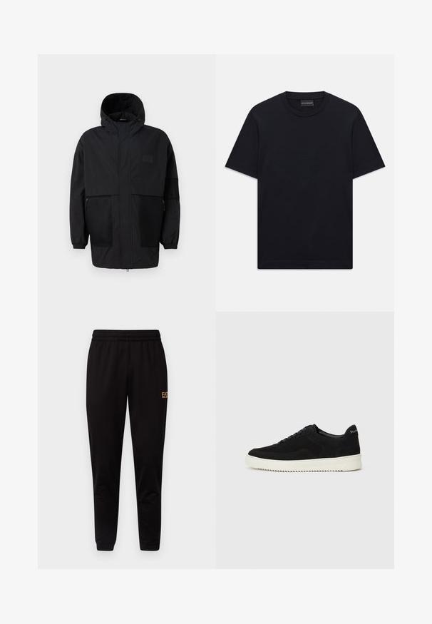 Melnā kapučjaka, kas izgatavota no viegla auduma, ar acs paneļiem, priekšējo rāvējslēdzēju un elastīgām aprocēm, kas nodrošina regulējamu piegulšanu.; Melnas īsām piedurknēm T-krekls ar apaļu kakla izgriezumu, ar smalku iepresētu logotipa dizainu krūšu centrā un zīmola etiķeti apakšā kaklā.; Melni sporta bikses ar elastīgu jostasvietu, pieguļošiem izgriezumiem un mazu dzeltenu logo kreisajā augšējā kājā. Mīksta, gluda auduma tekstūra.; Melnas zamšas kedas ar auklām un kontrastējošu baltu gumijas zoli. Iekļauj teksturētas sānu panēles un diskretu zīmolu uz papēža.