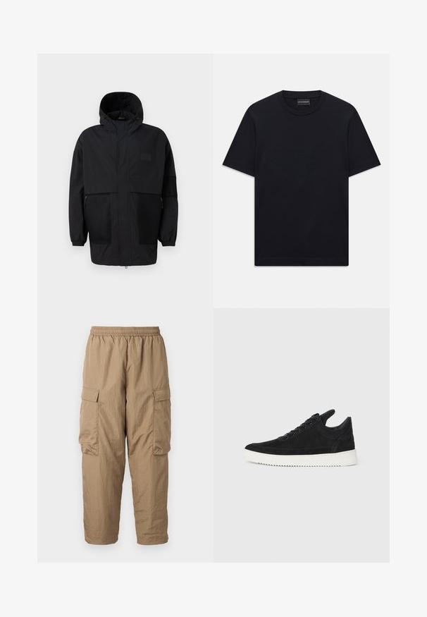 Čierna kapucňová bunda vyrobená z ľahkého materiálu, s priehľadnými panelmi, predným zipsom a elastickými manžetami pre nastaviteľné prispôsobenie.; Čierne tričko s krátkym rukávom a okrúhlym výstrihom so subtilným embosovaným logom umiestneným na hrudi a značkovou nálepkou vo vnútri goliera.; Khaki cargo nohavice s elastickým pásom, dvoma bočnými nákladovými vreckami, ľahkým, textúrovaným materiálom a voľným strihom s zúženými členkami.; čierne semišové tenisky s bielou gumovou podrážkou, s tonálnym prešívaním a šnurovaním. Hladká textúra s moderným, zjednodušeným tvarom.