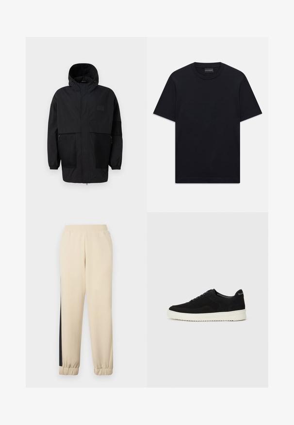 Juodas gobtuvu džemperis, pagamintas iš lengvo audinio, turi tinklinės juosteles, priekinį užtrauktuką ir elastingus rankogalius, leidžiančius pritaikyti dydį.; Juoda trumpo rankovės marškinėliai su apvalia iškirpte, su subtiliu iškilniu logotipo dizainu viduryje krūtinės ir ženklu vidinėje apykaklės pusėje.; Kremo spalvos sportinės kelnės su juodomis šoninėmis juostelėmis, elastingu juosmeniu ir ribotu rankogaliu. Minkšta medžiaga, laisvas siluetas.; Juodos veliūrinės sportinės bateliai su raištelių dizainu ir kontrastinga balta gumine padais. Yra tekstūruoti šoniniai skydeliai ir subtilus logotipas ant kulno.