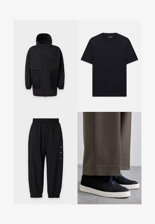 Svart hettejakke laget av lettvektig stoff, med mesh-paneler, en front glidelås og elastiske mansjetter for justerbar passform.; Svart kortermet T-skjorte med rund hals og subtil preget logo-design sentrert på brystet, samt et merke inne i halsen.; Svarte treningsbukser med elastisk liv, ribbestrikkede ankler og sidelommer. Har hvit "EA7" logo på venstre ben. Lett materiale.; Svarte suedeglans sneakers med hvite gummisåler, med rund tå og lisser, iført grå skreddersydde bukser.