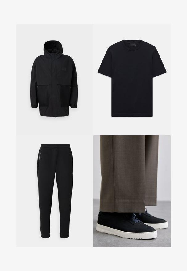 Juodas gobtuvu džemperis, pagamintas iš lengvo audinio, turi tinklinės juosteles, priekinį užtrauktuką ir elastingus rankogalius, leidžiančius pritaikyti dydį.; Juoda trumpo rankovės marškinėliai su apvalia iškirpte, su subtiliu iškilniu logotipo dizainu viduryje krūtinės ir ženklu vidinėje apykaklės pusėje.; Juodos sportinės kelnės, pagamintos iš minkštos, tampraus audinio. Yra šoninės kišenės, kulkšnies apykaklės ir mažas логотипas šlaunyje.; Juodi zomšiniai sportbačiai su baltais guminiais padais, su apvalia nosimi ir raišteliais, dėvimi su pilkais pritaikytais kelnais.