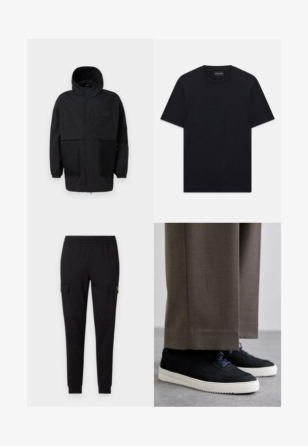 Svart hettejakke laget av lettvektig stoff, med mesh-paneler, en front glidelås og elastiske mansjetter for justerbar passform.; Svart kortermet T-skjorte med rund hals og subtil preget logo-design sentrert på brystet, samt et merke inne i halsen.; Sorte joggebukser laget av myk stoff, med en tapered leg-design og to sidelommer med cargo-lommer, samt en subtil logo på en lomme.; Svarte suedeglans sneakers med hvite gummisåler, med rund tå og lisser, iført grå skreddersydde bukser.