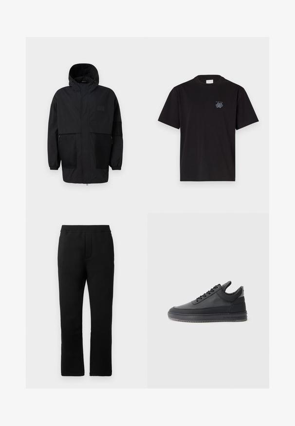 Juodas gobtuvu džemperis, pagamintas iš lengvo audinio, turi tinklinės juosteles, priekinį užtrauktuką ir elastingus rankogalius, leidžiančius pritaikyti dydį.; Juodas medvilninis marškinėliai su apvalia kaklo iškirpte ir trumpomis rankovėmis. Yra mažas mėlynas logotipas ant kairiojo krūtinės. Paprastas, tiesus kirpimas.; Juodos sportinės kelnės su lygia tekstūra, elastinga juosmens juosta ir dviem šoninėmis kišenėmis. Tiesios kojų dizainas su švariu apdorojimu.; Juodos odinės sportbačiai su tekstūruotu paviršiumi, su raišteliais, žemu kraštu ir pilku guminio pado kraštu su grioveliais.