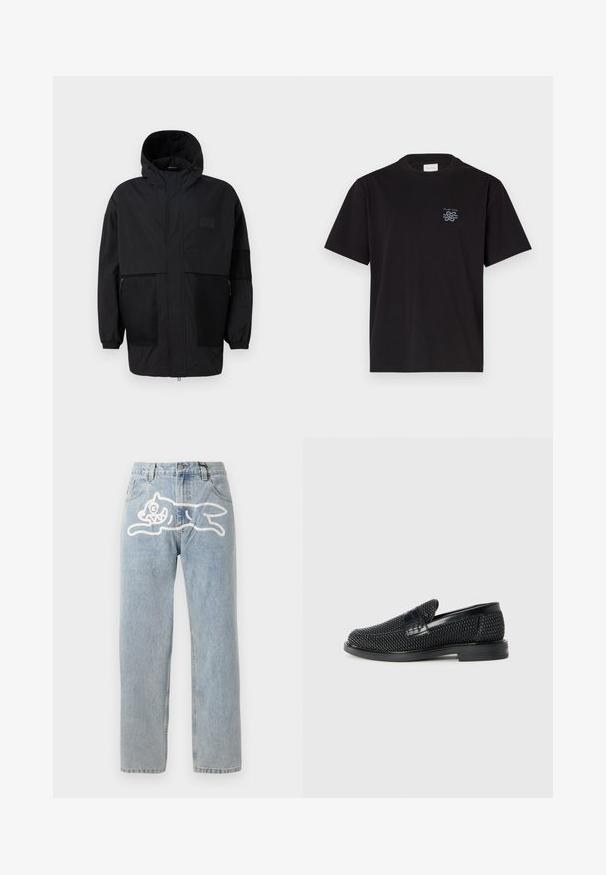 Czarna kurtka z kapturem, wykonana z lekkiego materiału, z siateczkowymi panelami, z zamek błyskawicznym z przodu oraz elastycznymi mankietami dla regulowanego dopasowania.; Czarny bawełniany t-shirt z okrągłym dekoltem i krótkimi rękawami. Posiada małe niebieskie logo na lewej piersi. Prosty, prosty krój.; Jasnoniebieskie dżinsy o prostym kroju, z dużą białą grafiką kota na plecach. Klasyczny fason pięciu kieszeni.; Czarny, pleciony but wsuwany z gładkim skórzanym akcentem na cholewce, o okrągłym nosku i niskoprofilowej gumowej podeszwie.